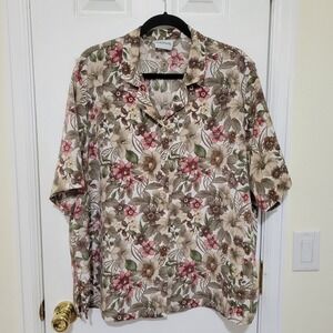 BonWorth Floral Button Up Blouse Short Sleeve Brown Pink Tan Vintage Style Top
